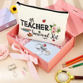 Hinly Teacher Appreciation Gifts Set Teacher Survival Kit Bag Keychain with Initial Makeup Pouch Cosmetic Bag for Christmas(C Style)