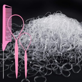 TsMADDTs Clear Small Rubber Hair Ties Set with French Braid Tool and Rat Tail Comb, 1000pcs Hair Elastics, Pink