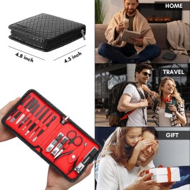 FAMILIFE Nail Kit, Professional Manicure Set Manicure Kit Nail Clipper Set, 13 in 1 Stainless Steel Pedicure Sets Clipper Tool, Men Grooming Tool with Portable Black Leather Travel Case for Him