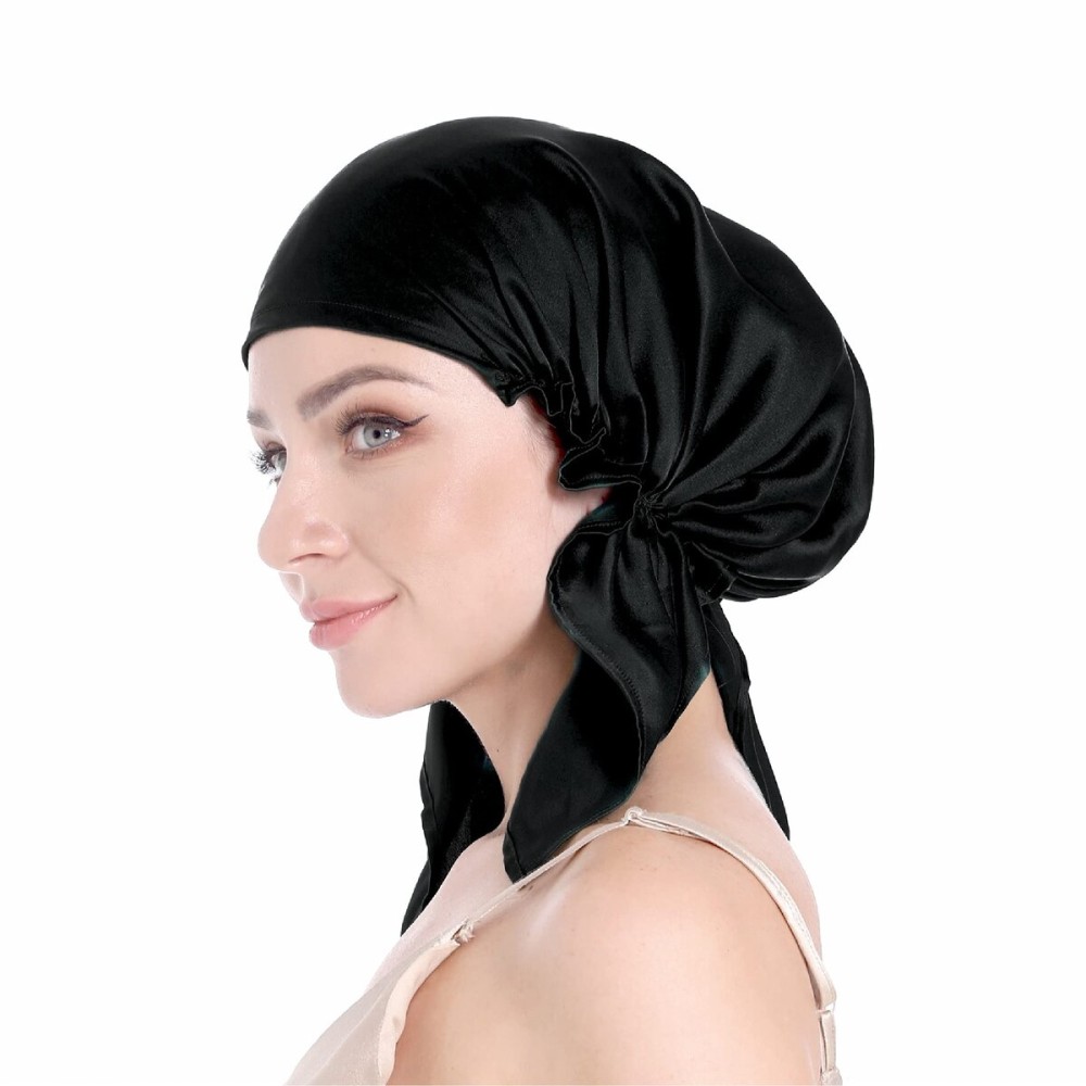 SissiLita 100% Silk Bonnet for Sleeping With Tie Band, Large Sleep Cap for Curly Hair, Wrap for Hair Care - Rich Black