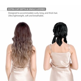 SissiLita 100% Silk Bonnet for Sleeping With Tie Band, Large Sleep Cap for Curly Hair, Wrap for Hair Care - Rich Black