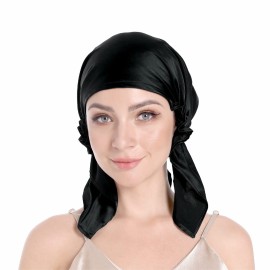 SissiLita 100% Silk Bonnet for Sleeping With Tie Band, Large Sleep Cap for Curly Hair, Wrap for Hair Care - Rich Black