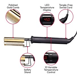 Red by Kiss Hot Comb Hair Straightener 450 Degrees, Curved Electric Heating Comb, Pressing Comb Brush for Straightening Hair and Beard, Curling Iron for Natural Black Hair