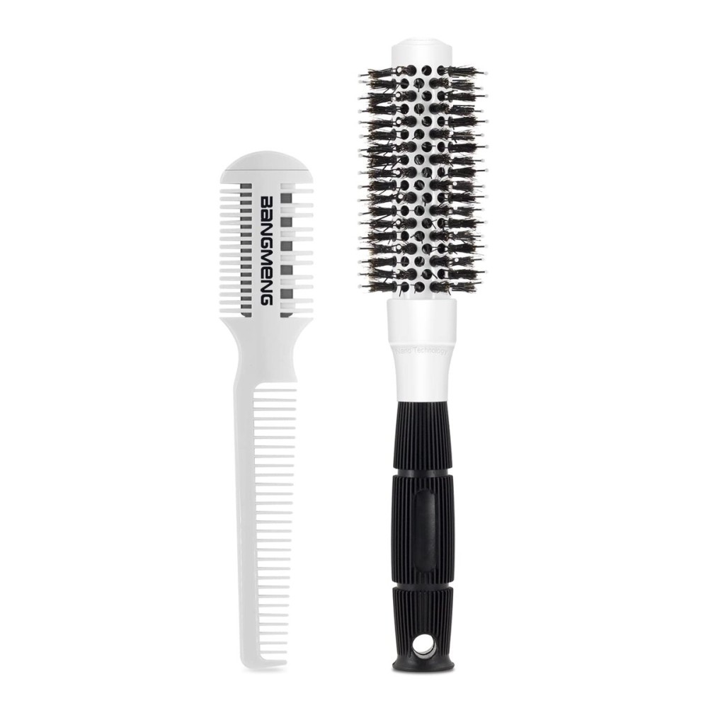 Round Brush for Blow Drying, 1 inch Small Round Barrel Hair Brushes with Ball Tip Boar Bristles, Nano Tech Thermal Ceramic Ionic, Double Edge Razor Comb for Hair Cutting Included
