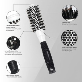 Round Brush for Blow Drying, 1 inch Small Round Barrel Hair Brushes with Ball Tip Boar Bristles, Nano Tech Thermal Ceramic Ionic, Double Edge Razor Comb for Hair Cutting Included