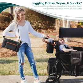 WONDERFOLD Parent Console Stroller Organizer with 2 Insulated Cup Holders, Hook and Loop Closure Handle Attachment, 2 Storage Pockets, and Removable Shoulder Strap for Easy Transport, Beige
