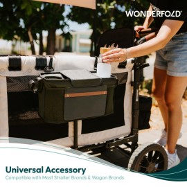 WONDERFOLD Parent Console Stroller Organizer with 2 Insulated Cup Holders, Hook and Loop Closure Handle Attachment, 2 Storage Pockets, and Removable Shoulder Strap for Easy Transport, Beige