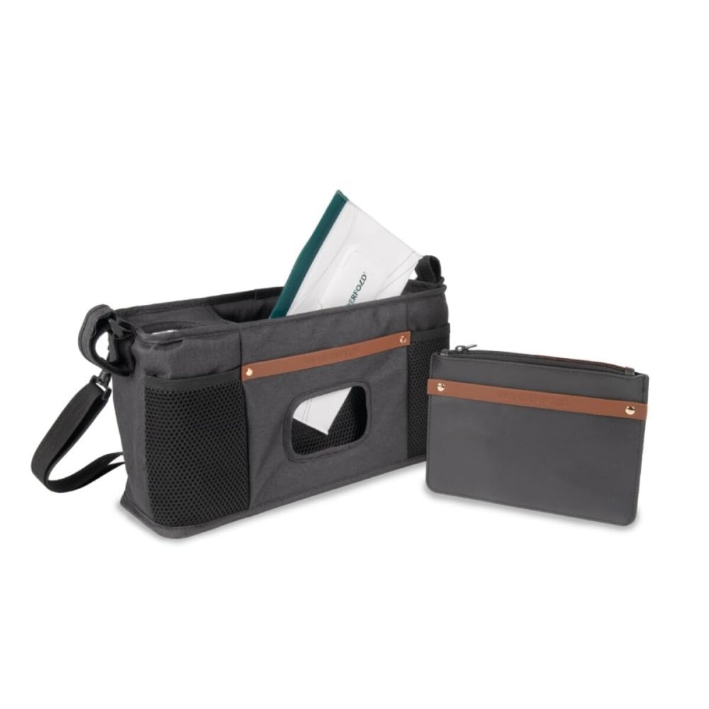 WONDERFOLD Parent Console Stroller Organizer with 2 Insulated Cup Holders, Hook and Loop Closure Handle Attachment, 2 Storage Pockets, and Removable Shoulder Strap for Easy Transport, Volcanic Black