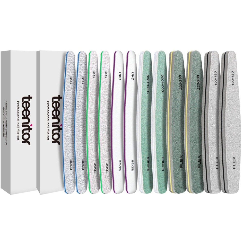 Teenitor 12pcs Nail Files and Buffers, Nail File Nail Buffer Block for Women, Emery Boards for Nails Nail Buffer and Shine Kit, Fingernail Files 100/180 Grit Nail Files for Natural Nails