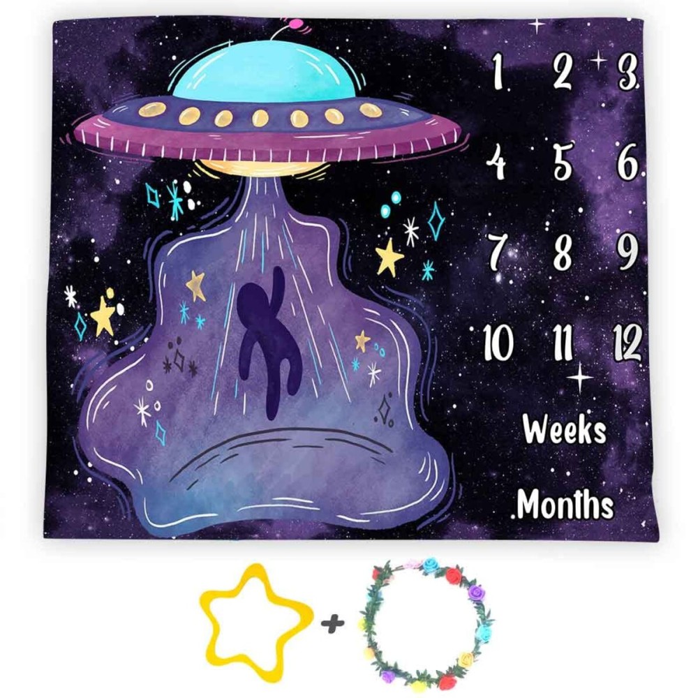 UFO Baby Monthly Milestone Blanket, 48x40in Soft Flannel, Alien Round Spaceship, Newborn Mom Gifts, Baby Shower Age Growth Tracker with Bonus Maker BTLSSS52