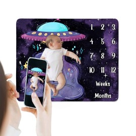UFO Baby Monthly Milestone Blanket, 48x40in Soft Flannel, Alien Round Spaceship, Newborn Mom Gifts, Baby Shower Age Growth Tracker with Bonus Maker BTLSSS52