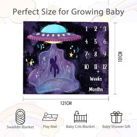 UFO Baby Monthly Milestone Blanket, 48x40in Soft Flannel, Alien Round Spaceship, Newborn Mom Gifts, Baby Shower Age Growth Tracker with Bonus Maker BTLSSS52