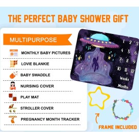 UFO Baby Monthly Milestone Blanket, 48x40in Soft Flannel, Alien Round Spaceship, Newborn Mom Gifts, Baby Shower Age Growth Tracker with Bonus Maker BTLSSS52