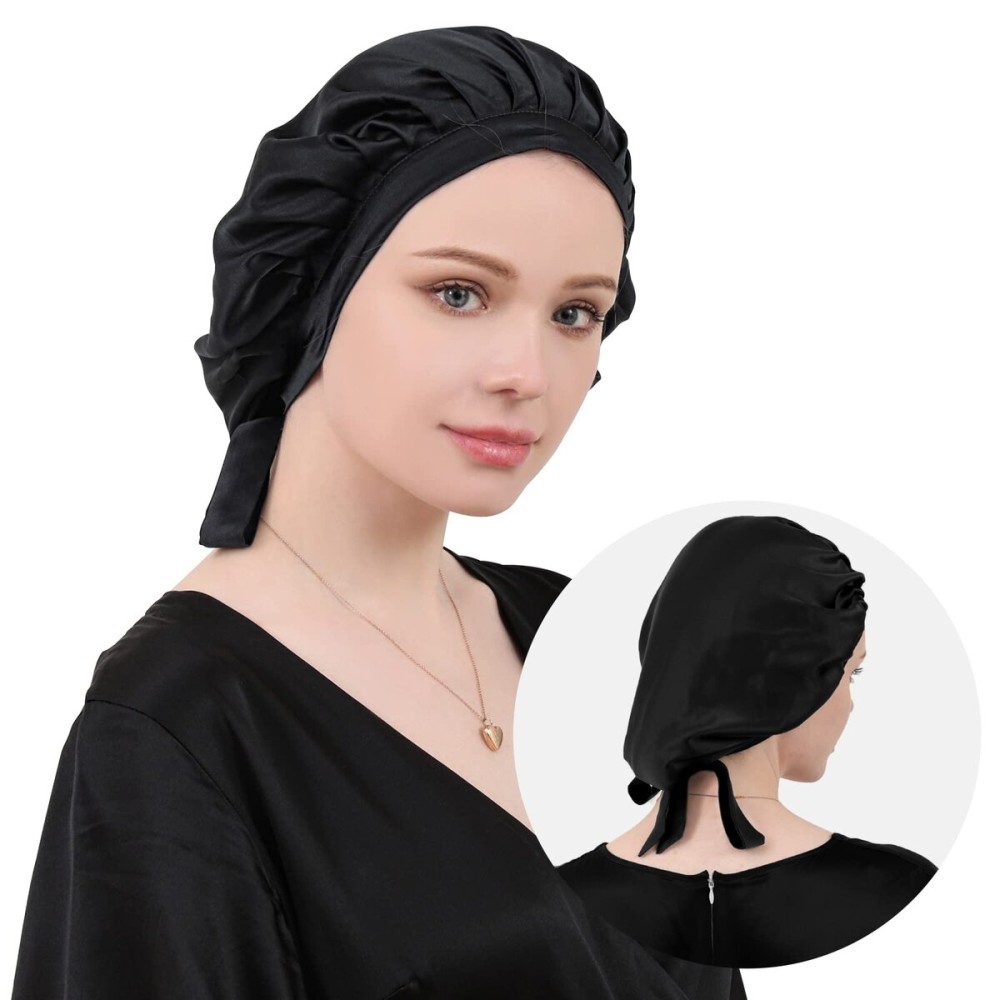 DAISYSILK Mulberry Black Silk Bonnet for Sleeping Silk Hair Bonnet for Curly Long Hair Women Adjustable Elastic at The Back Christmas and Valentine\'s Day Gifts, Black