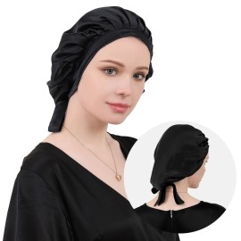 DAISYSILK Mulberry Black Silk Bonnet for Sleeping Silk Hair Bonnet for Curly Long Hair Women Adjustable Elastic at The Back Christmas and Valentine\'s Day Gifts, Black