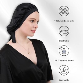 DAISYSILK Mulberry Black Silk Bonnet for Sleeping Silk Hair Bonnet for Curly Long Hair Women Adjustable Elastic at The Back Christmas and Valentine\'s Day Gifts, Black