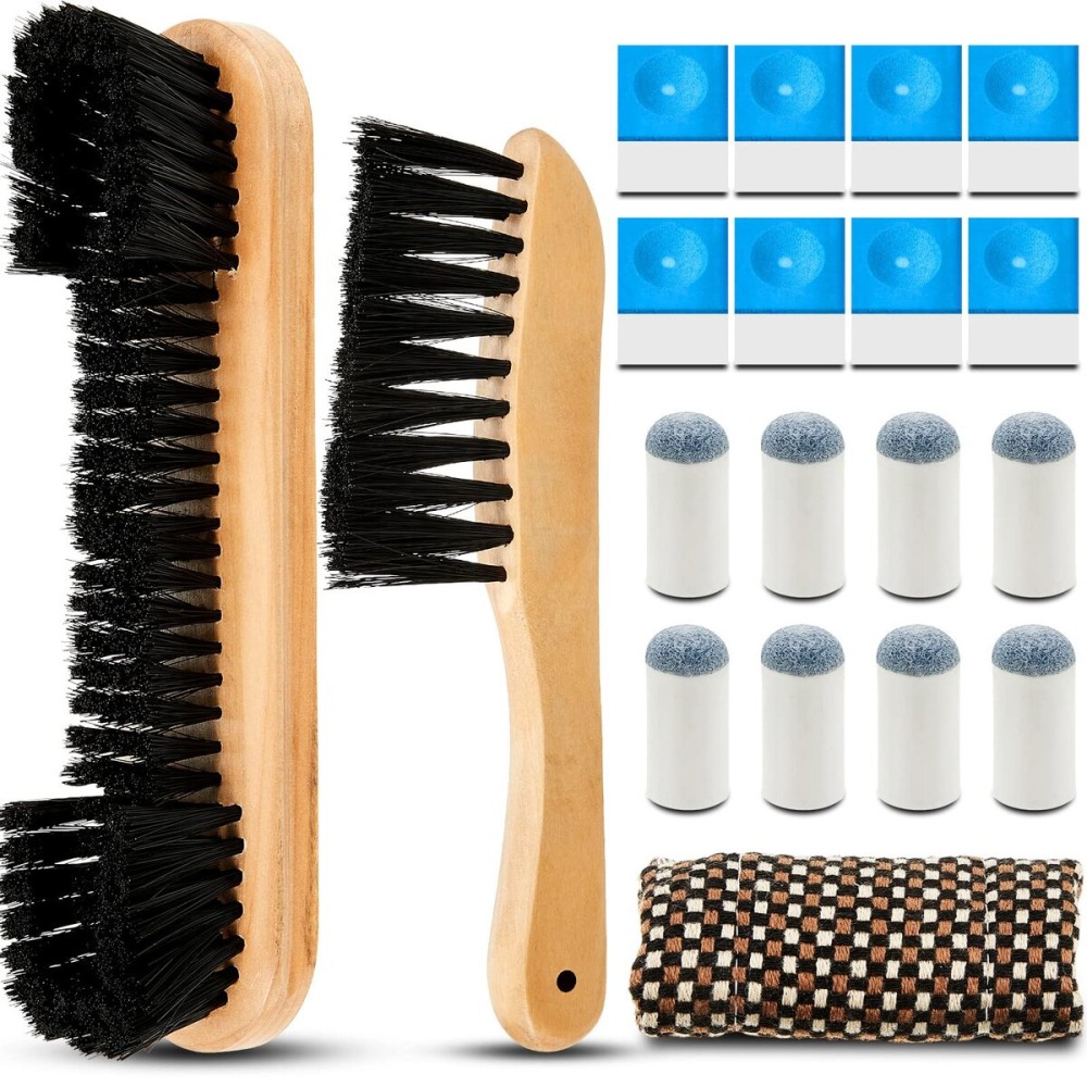 Skyley 19 Pcs Billiards Pool Table Rail Brush Cleaning Kit Pool Table Brush Set with Cue Chalk Cubes Cloth Slip on Cue Tip for Wooden Kit of Billiard Accessories(Wood Color)
