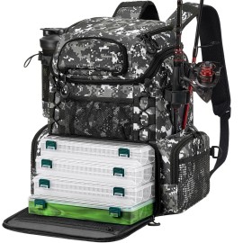 Piscifun Fishing Tackle Backpack with Rod Holders & 4 Tackle Boxes, Outdoor Fishing Bag with Waterproof Rain Cover Camouflage