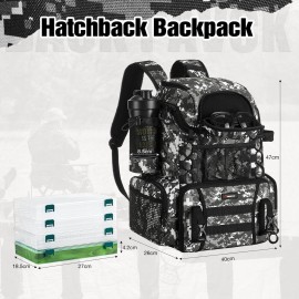 Piscifun Fishing Tackle Backpack with Rod Holders & 4 Tackle Boxes, Outdoor Fishing Bag with Waterproof Rain Cover Camouflage