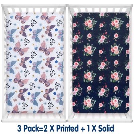 AMROSE 3 Pack Heavenly Soft Crib Sheets for Baby Girls, 28\'\' X 52\'\' Fitted Sheets for Crib and Toddler Mattress Pad, Silk Touch Gentle Breathable Microfiber, Floral & Butterfly