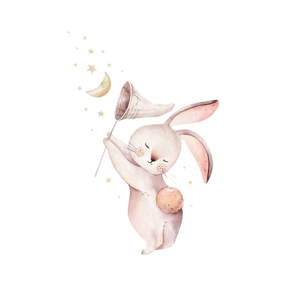 Wland 17.3 in x 25.6 in Cute Cartoon Rabbit Watercolor Bunny Catching Moon Stars Balloon Removable Vinyl Wall Decals Stickers for Children Room Nursery Decoration Baby Boy Girl Bedroom