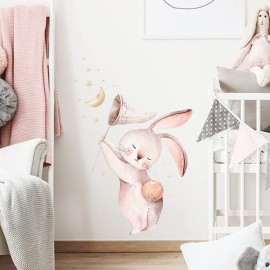 Wland 17.3 in x 25.6 in Cute Cartoon Rabbit Watercolor Bunny Catching Moon Stars Balloon Removable Vinyl Wall Decals Stickers for Children Room Nursery Decoration Baby Boy Girl Bedroom