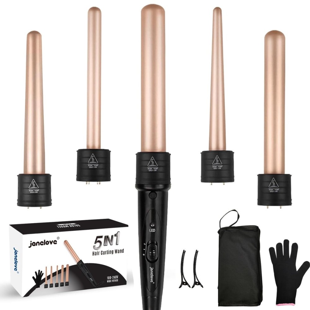 janelove 5 in 1 Wand Curling Iron Set, Ceramic Hair Curling Iron(0.35-1.25), Hair Curler for All Hairstyle, with Adjustable Temperature Dual Voltage, Instant Heat up, with Glove & 2 Clips(Gold)