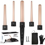 janelove 5 in 1 Wand Curling Iron Set, Ceramic Hair Curling Iron(0.35-1.25), Hair Curler for All Hairstyle, with Adjustable Temperature Dual Voltage, Instant Heat up, with Glove & 2 Clips(Gold)