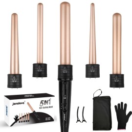 janelove 5 in 1 Wand Curling Iron Set, Ceramic Hair Curling Iron(0.35-1.25), Hair Curler for All Hairstyle, with Adjustable Temperature Dual Voltage, Instant Heat up, with Glove & 2 Clips(Gold)
