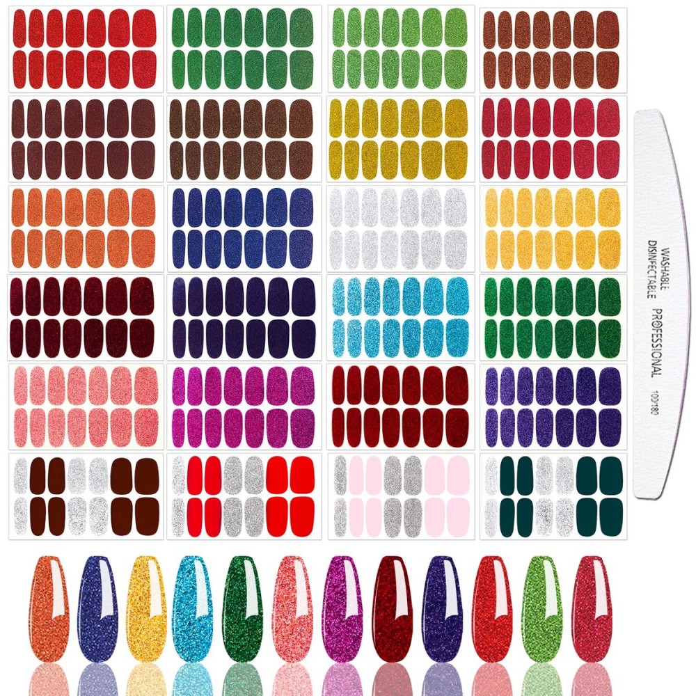 JERCLITY 24 Sheets Glitter Solid Color Nail Polish Strips Stickers with Nail File Self-Adhesive Nail Strips Stick On Nail Stickers Full Nail Wraps for Women Girls