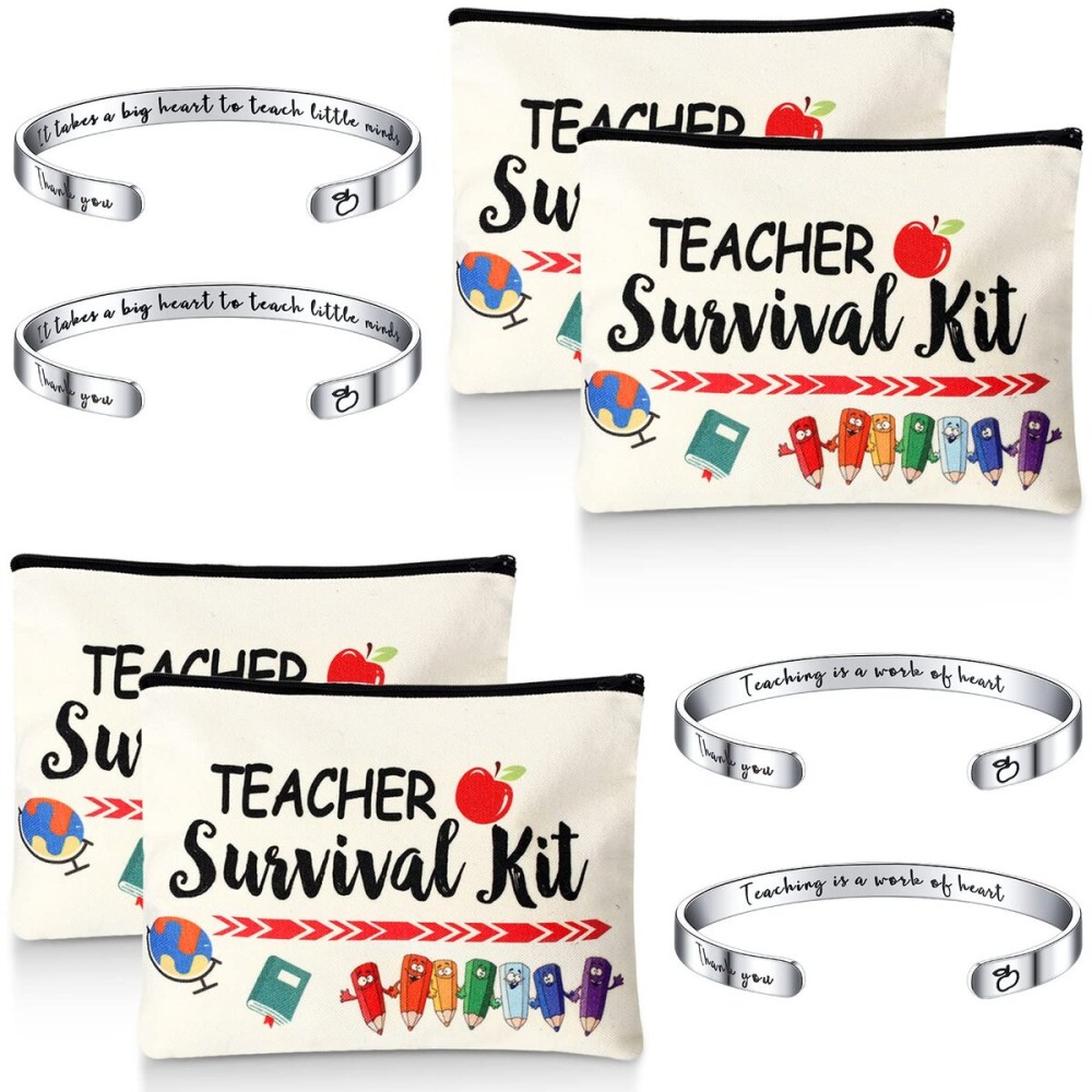 Herdear 8 Pcs Valentines Teacher Appreciation Gift Set for Women, 4 Pieces Teacher Makeup Pouch Cosmetic Bags and 4 Pieces Cuff Bangle Bracelets, Graduation End of Year Thank You Gifts (Fresh Style)