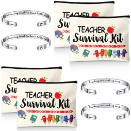 Herdear 8 Pcs Valentines Teacher Appreciation Gift Set for Women, 4 Pieces Teacher Makeup Pouch Cosmetic Bags and 4 Pieces Cuff Bangle Bracelets, Graduation End of Year Thank You Gifts (Fresh Style)