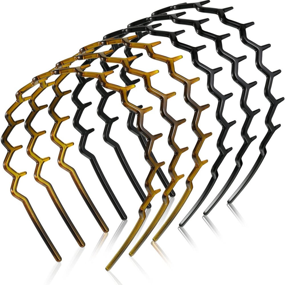 Chuangdi 6 Pieces Zigzag Headband for Thick Curly Hair Plastic Shark Tooth Comb Zig Zag Headband Plastic Wavy Teeth Hair Hoop Accessory for Women Men Lady(Black, Brown)