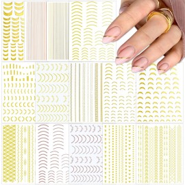 SILPECWEE 14 Sheets Gold Nail Stickers French Line Metallic Curve Strip Nail Decals Self Adhesive Nail Art Stickers Nail Design Stickers 3D Nail Decoration for Women Kids SILPECWEE 14 Sheets Gold Nail Stickers French Line Metallic Curve Strip Nail Decals Self Adhesive Nail Art Stickers Nail Design Stickers 3D Nail Decoration for Women Kids