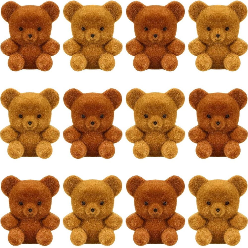 Hungdao 12pcs Mini Flocked Bears Tiny Bear Stuffed Miniature Decorations for Birthday Cake Wedding Decor Party Favor Supplies Bag Charm DIY Accessory 1 Inch(Brown, Light Brown)