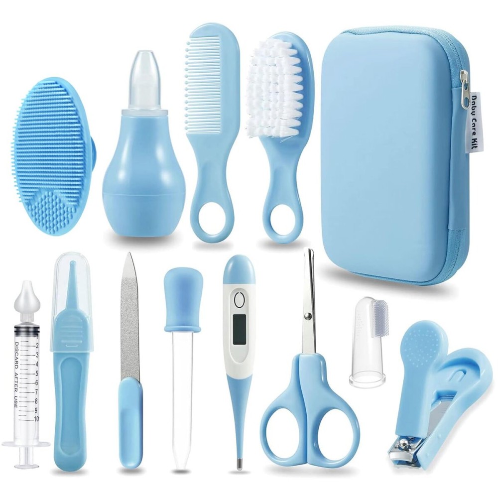 PandaEar Baby Healthcare & Grooming Kit - Baby Safety Set Comb, Brush, Finger Toothbrush, Nail Clippers, Scissors, Nasal Aspirator - Nursery Care Kit (Blue)