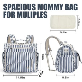 ALLCAMP Diaper bag backpack Multi-Function Waterproof Travel Backpack Nappy Bags for Baby Care, Large CapacitySupport baby Stroller, Converted Into a Tote Bag (Blue stripe)