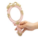 Rich Boxer Vintage Handheld Mirror Embossed Flower Hand Held Mirror Makeup Mirror Vanity Mirror Decorative Cute Hand Mirror (Pink)
