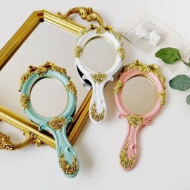 Rich Boxer Vintage Handheld Mirror Embossed Flower Hand Held Mirror Makeup Mirror Vanity Mirror Decorative Cute Hand Mirror (Pink)