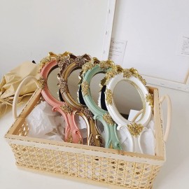 Rich Boxer Vintage Handheld Mirror Embossed Flower Hand Held Mirror Makeup Mirror Vanity Mirror Decorative Cute Hand Mirror (Pink)