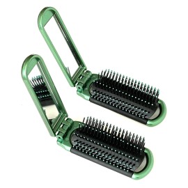 2 Green ALAZCO Folding Hair Brush With Mirror Compact Pocket Size Travel Car Gym Bag Purse Locker Swimming Camping Sleepover Gift and more