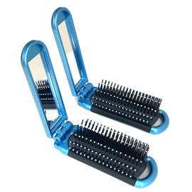 2 Blue ALAZCO Folding Hair Brush With Mirror Compact Pocket Size Travel Car Gym Bag Purse Locker Swimming Camping Sleepover Gift and more
