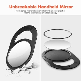 TASALON Unbreakable Hand Mirror, Hand Mirrors with Handle, Salon, Barber Mirror for Hair, Anti-Slip Hand Held with Rubber Grip for Travel, Makeup, Shaving, Shower, Camping - Black