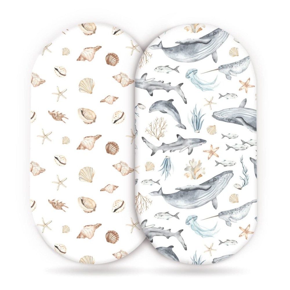 GRSSDER Stretchy Ultra Soft Fitted Bassinet Sheets Set 2 Pack, Cradle Sheet Universal Fit for Rectangle, Oval, or Hourglass Bassinet Pad/Mattress Safe and Snug, Stylish Cute Whale Sea Worl for Baby