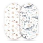 GRSSDER Stretchy Ultra Soft Fitted Bassinet Sheets Set 2 Pack, Cradle Sheet Universal Fit for Rectangle, Oval, or Hourglass Bassinet Pad/Mattress Safe and Snug, Stylish Cute Whale Sea Worl for Baby