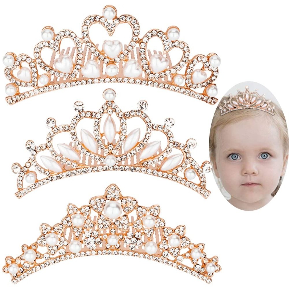 ANBALA Small Tiara Crown with Hair Comb, 3 Pack Mini Tiara Crown Princess Crystal Shiny Hair Accessories for 2-9 Years Girls - Rose Gold ANBALA Small Tiara Crown with Hair Comb, 3 Pack Mini Tiara Crown Princess Crystal Shiny Hair Accessories for 2-9 Years Girls - Rose Gold