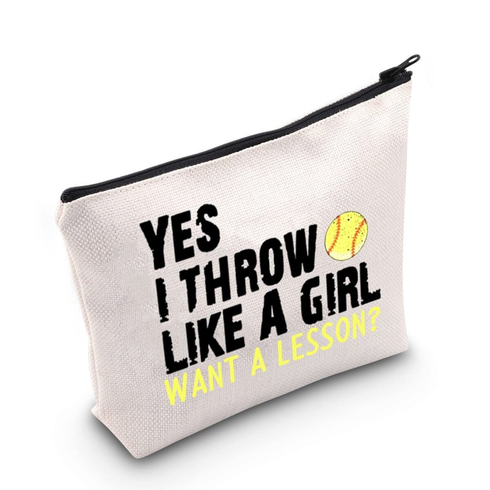 POFULL Softball Player Gift Softball Team Gift Yes I Throw Like A Want A Lesson Softball Cosmetic Bag (I Throw Like A Girl Want A Lesson bag)
