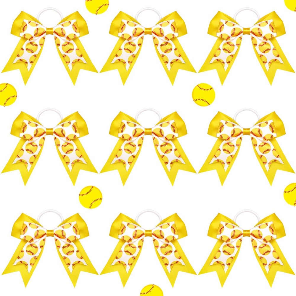 Mtlee 9 Pcs Softball Hair Bows 7.5 Inch Softball Ribbon Elastic Bows Sport Scrunchies Accessories for Girls Bulk Cheer Player Team