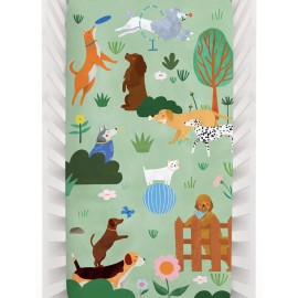 Rookie Humans 100% Cotton Sateen Fitted Crib Sheet: at The Dog Park. Modern Nursery, Use as a Photo Background for Your Baby Pictures. Standard Crib Size (52 x 28 inches)