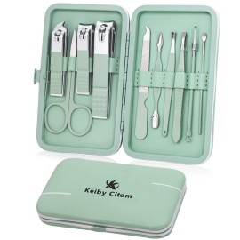 Manicure Set, Travel Mini Nail Clippers Kit Pedicure Care Tools, 10pcs Stainless Steel Grooming kit (Green)